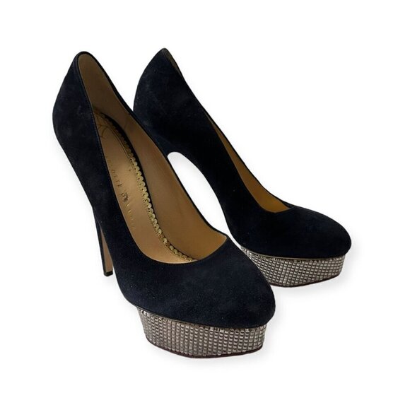 Charlotte Olympia Dolly Platform Pumps with Metal Platform, 41 EU, Navy Suede - Picture 5 of 16
